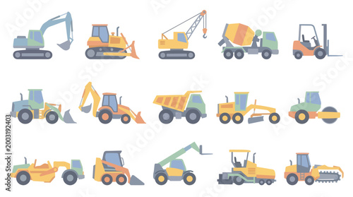 Flat Construction Vehicles Vector Icon Set on White Background