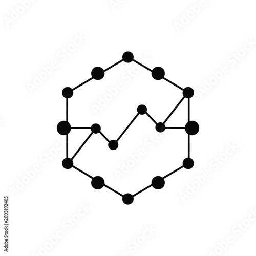 Black hexagonal with connected nodes and linear graph line on a white background