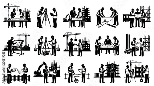 Construction workers, engineers with blueprints, crane, surveying, vector art
