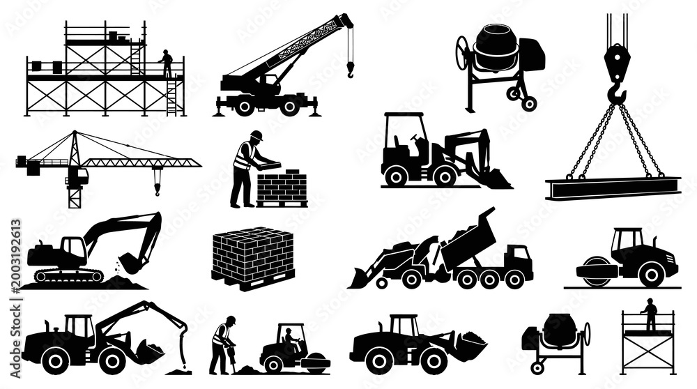 Obraz premium Construction Industry Black White Glyph Icons: Equipment, Workers Tools Vector Set