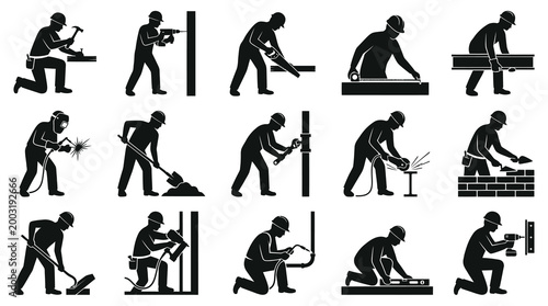 Construction Workers Manual Labor Glyph Icons Set. Building Tradesmen Silhouettes with Tools.
