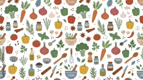 Flat Design Cooking Ingredients Seamless Pattern with Vegetables, Herbs, Spices  Kitchen Tools