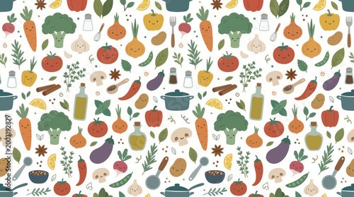 Cute Cartoon Vegetables Pattern, Flat Design Food Illustration