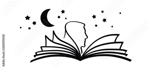 Cartoon open book with face and pages. Human, ducation concept. Line drawing. Opened books silhouette and moon and stars. Book store logo. Flying pages. library, bookshop, bookstore idea.