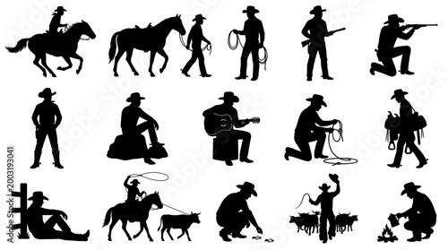Cowboy Silhouettes: Western Vector Art of Ranchers and Horses, Black and White