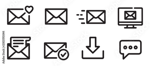 Set of eight email and message icons with transparent background ready for use.