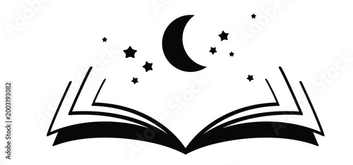 Cartoon open book and pages. Education concept. Line drawing. Opened books sign. Book store logo. Flying pages. Moon and stars for the evening,