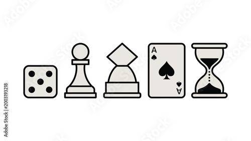 Board game doodle icon collection, hand drawn black and white vector set with dice, chess piece pawn, meeple figure, playing card ace of spades, and hourglass timer for gaming UI, hobby branding.