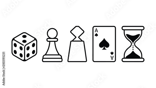 Board game doodle icon collection, hand drawn black and white vector set with dice, chess piece pawn, meeple figure, playing card ace of spades, and hourglass timer for gaming UI, hobby branding.