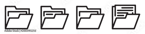 Set of folder icons with document papers inside for organized file management and digital storage ui.