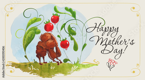 Mother's Day card with watercolour bunnies in vector.