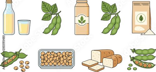 Collection of Soy and Pea-Based Food Products Including Plant Milk, Beans, Tofu, Flour, and Fresh Pods for Healthy Vegan and Vegetarian Nutrition Concepts