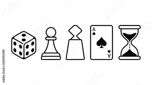 Board game doodle icon collection, hand drawn black and white vector set with dice, chess piece pawn, meeple figure, playing card ace of spades, and hourglass timer for gaming UI, hobby branding.