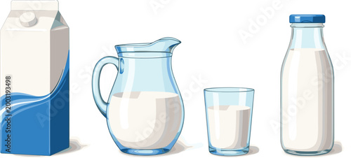 Fresh Milk Assortment Including a Carton, Glass Pitcher, Drinking Glass, and Glass Bottle Isolated on White Background for Dairy Industry Branding