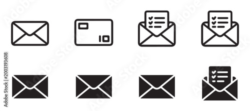 Open and closed envelope icons with document, some with notifications, on transparent background vector art.