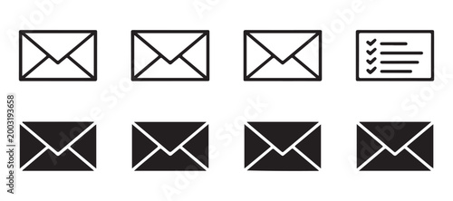 Basic mail envelope icons, both filled and outline versions, presented on a transparent background vector set.