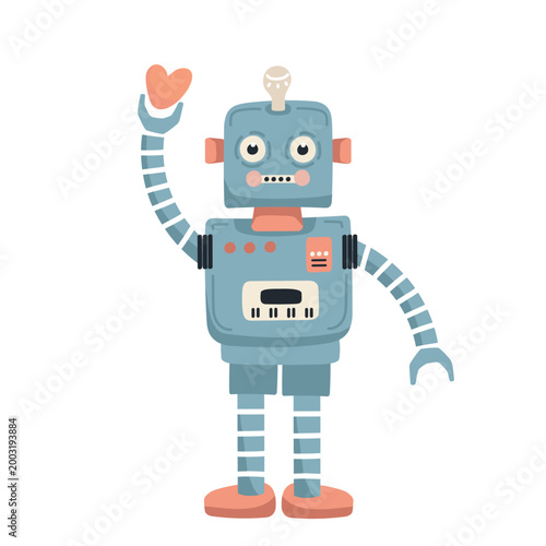 Cartoon retro robot waving and holding a heart, character with a light bulb on his head. flat style hand-drawn illustration