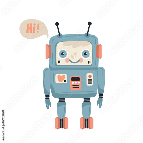 A cartoon blue retro robot says hello with a speech bubble. Flat style hand-drawn illustration.