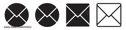 Set of black mail envelope icons with circle and square backgrounds for modern digital user interface.