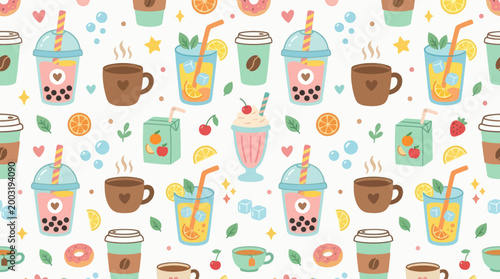 Cute Kawaii Bubble Tea and Coffee Seamless Pattern, Flat Design