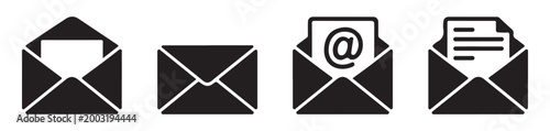 Solid black mail icons showing open envelope with letter and email at sign on transparent background.