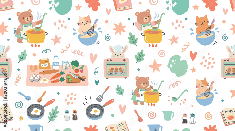 Fototapeta premium Cute seamless pattern of animals cooking and baking in a whimsical art style