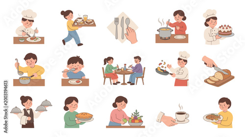 Flat illustration of diverse people enjoying food and cooking, restaurant, kitchen scenes