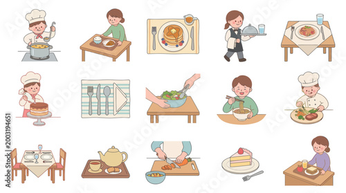 Cute Flat Illustration Set of Chefs, Food, and Dining Scenes