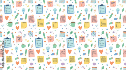 Cute Planner and To-Do List Seamless Pattern, Flat Design