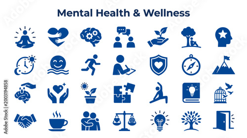 Mental Health and Wellness Icons Set representing self care mindfulness meditation brain health relationships and positive emotions