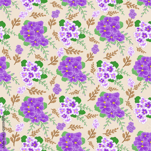 seamless pattern with flowers, Hand drawn purple and white flowers, design for fabric, textiles, clothing, wrapping paper, backdrop, wall paper, curtains, bedding,  vector illustration, background