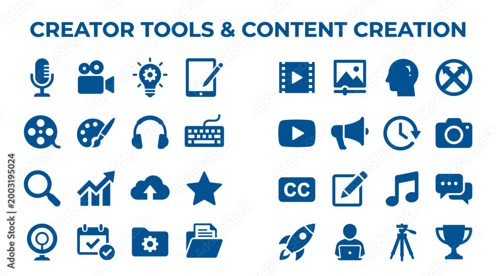 Fototapeta premium Collection of creative tools and content creation icons representing digital media production and online broadcasting services