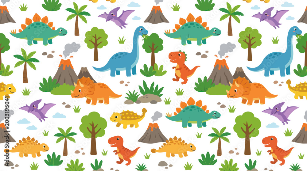Fototapeta premium Cute Dinosaur Seamless Pattern, Cartoon Style, Vector Illustration