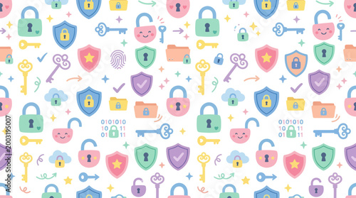 Cute Padlock and Key Security Icons Pattern, Flat Style