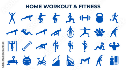 Collection of blue icons representing home workout and fitness exercises for a healthy lifestyle and physical activity