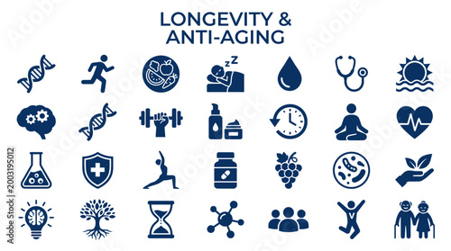 Longevity and anti aging concepts illustrated with icons representing health fitness science and wellness lifestyle choices