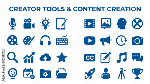 Collection of creative tools and content creation icons representing digital media production and online broadcasting services