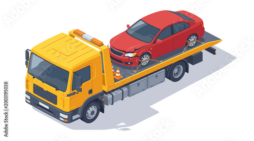 An isometric illustration of a yellow tow truck carrying a red car, representing vehicle recovery services, roadside assistance, and efficiency in transportation solutions on the road.