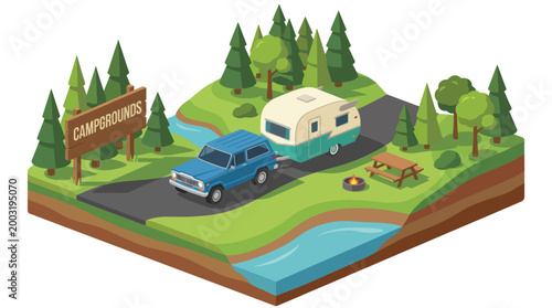 A picturesque campsite area showcasing a retro camper, surrounded by beautiful natural scenery, exemplifying the joy of outdoor adventures and relaxation in the great outdoors.