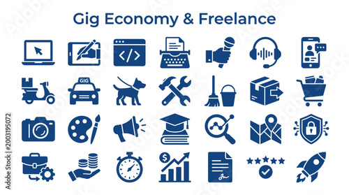 Gig Economy and Freelance Icons Set Representing Diverse Services and Opportunities in the Modern Workforce