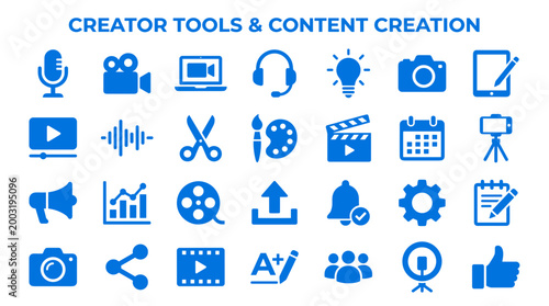 Collection of blue digital icons representing creator tools and content creation for digital media production and online broadcasting