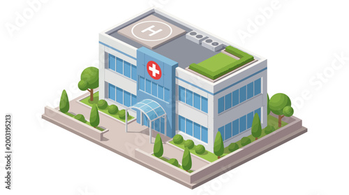 A contemporary hospital design showcases a clean, structured building surrounded by greenery, reflecting a commitment to health, wellness, and the integration of nature into urban spaces.