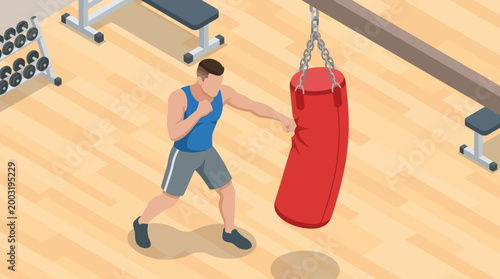 A dynamic illustration showcasing a person punching a heavy bag in a gym setting, conveying energy, fitness, determination, and the hard work required for physical training.