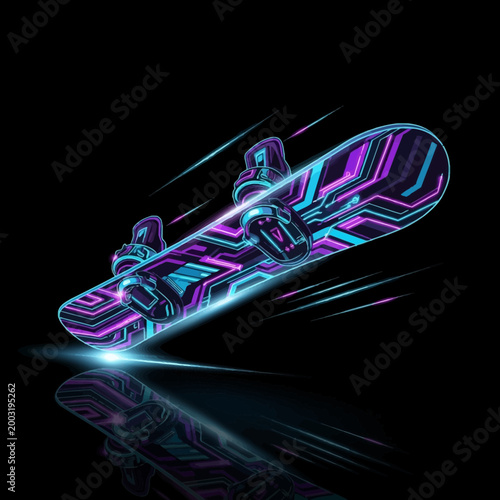 Neon lit snowboard with purple and blue glowing lines moving fast