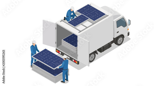 Workers are loading solar panels onto a delivery truck, showcasing the process of transporting renewable energy solutions for sustainable use in various applications.