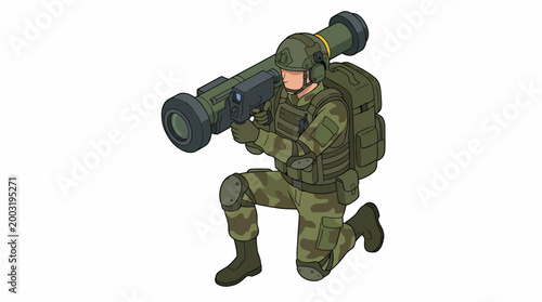 This image depicts a soldier in camouflage gear kneeling while using an anti-tank weapon, showcasing military readiness and tactical strength in a dynamic environment.