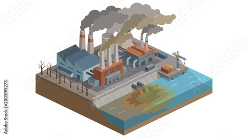 This image represents an industrial factory emitting smoke and discharging waste into a river, highlighting environmental issues related to pollution and industrial activity.