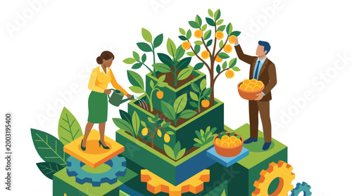 This vibrant illustration showcases the connection between urban gardening and sustainability, featuring a woman watering plants and a man harvesting fruits.