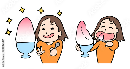 特大のかき氷を前に目を輝かせて喜ぶ姿と美味しそうに食べる女性のイラストセット