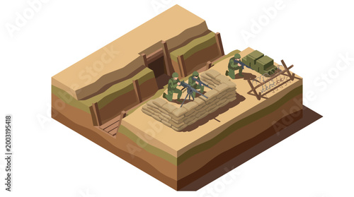 This illustration portrays soldiers positioned in a combat trench, ready for action in a war scenario, representing courage, strategy, and the harsh realities of conflict.